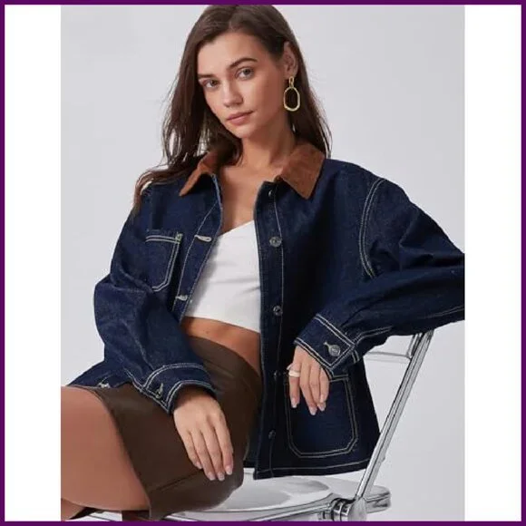 Vintage Denim Jacket with Corduroy Collar Loose Fit Button Down Shacket